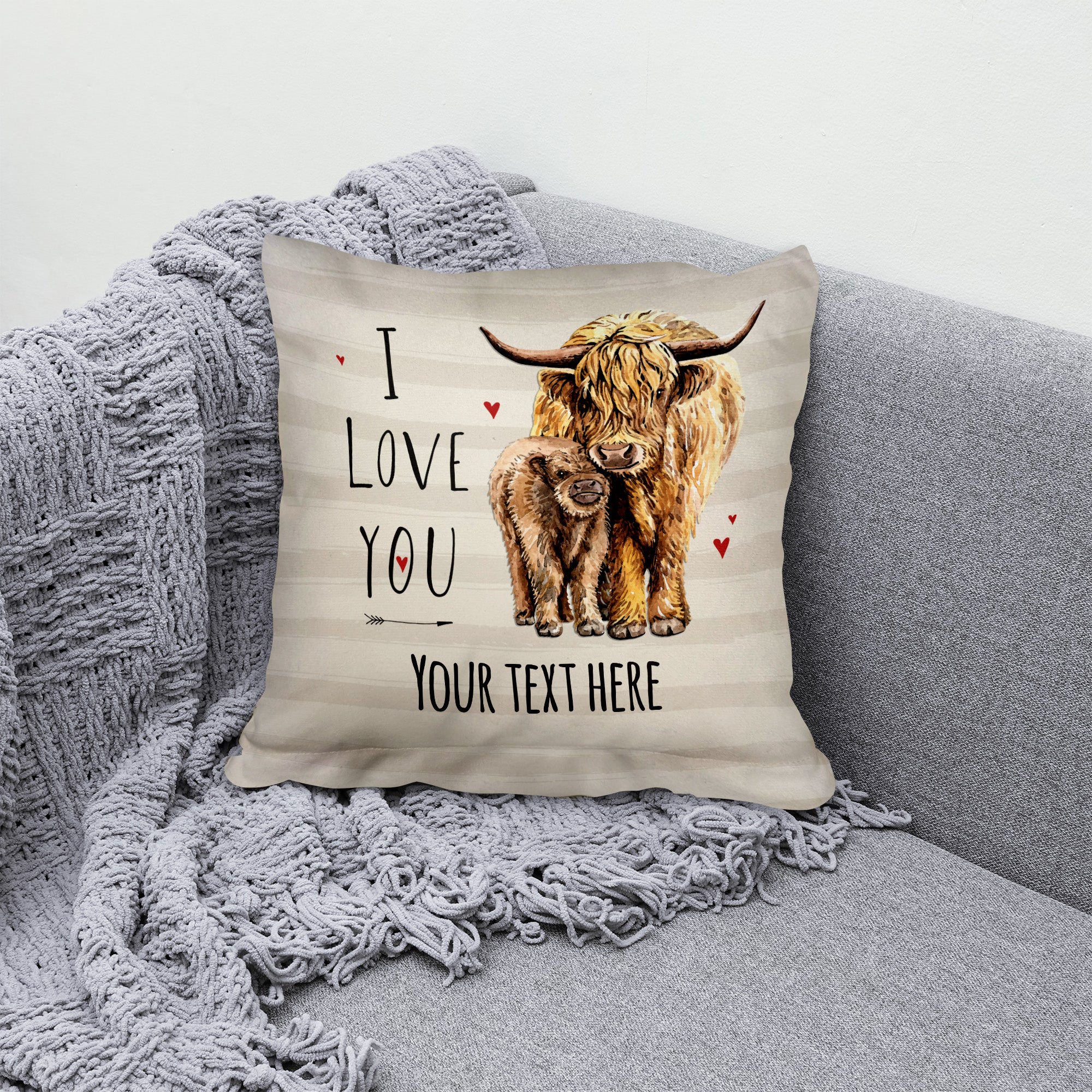 Cow Family Pair - I love you - 26cm x 26cm - Personalised Cushion