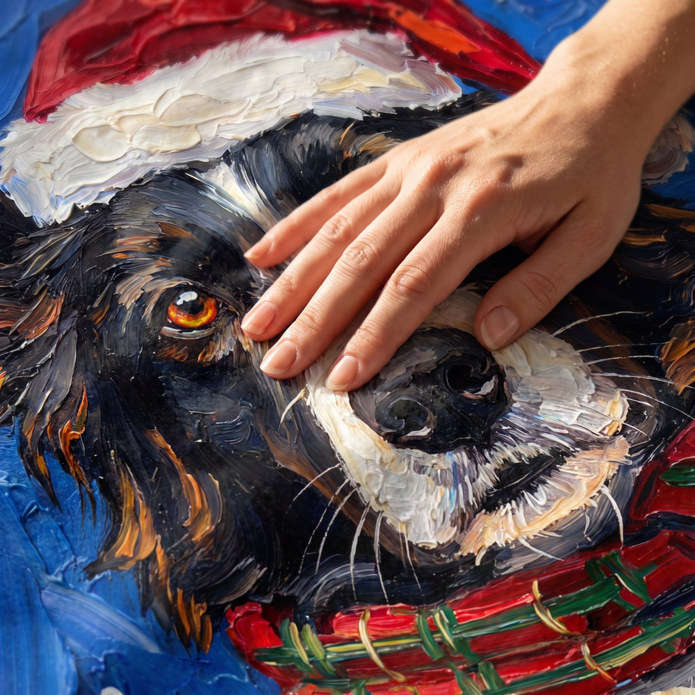 Close up of a hand on the ultra soft plush fleece showing the textured Christmas print