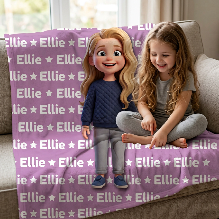 Cartoon Name Pattern Kids Portrait Blanket - Personalised Fleece Blanket From Your Photo