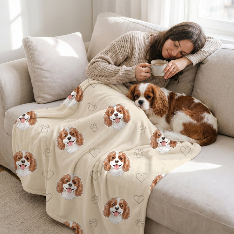 Watercolour Pattern pet portrait fleece blanket in a cosy lifestyle setting