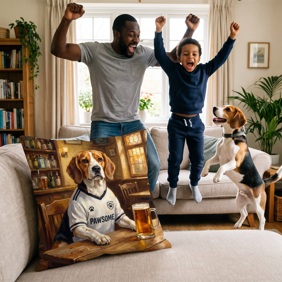 Furham pet portrait cushion 45cm x 45cm in a family home with the real pet