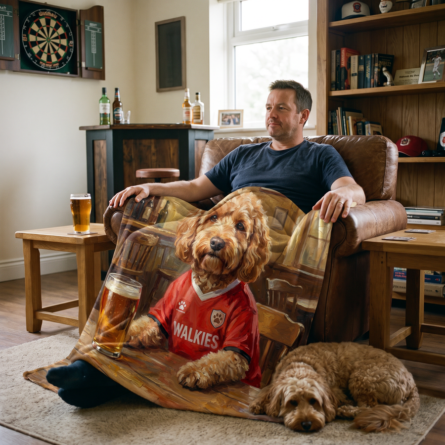 Petchester United pet portrait fleece blanket in a cosy lifestyle setting