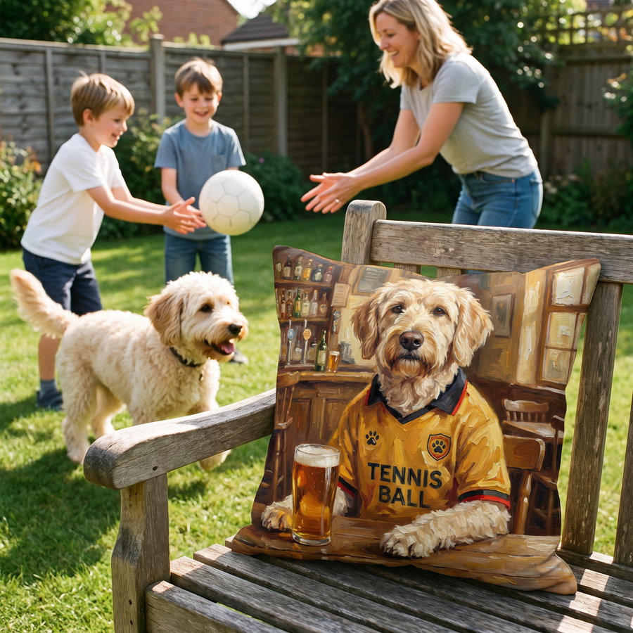 Wagford pet portrait cushion 45cm x 45cm in a family home with the real pet
