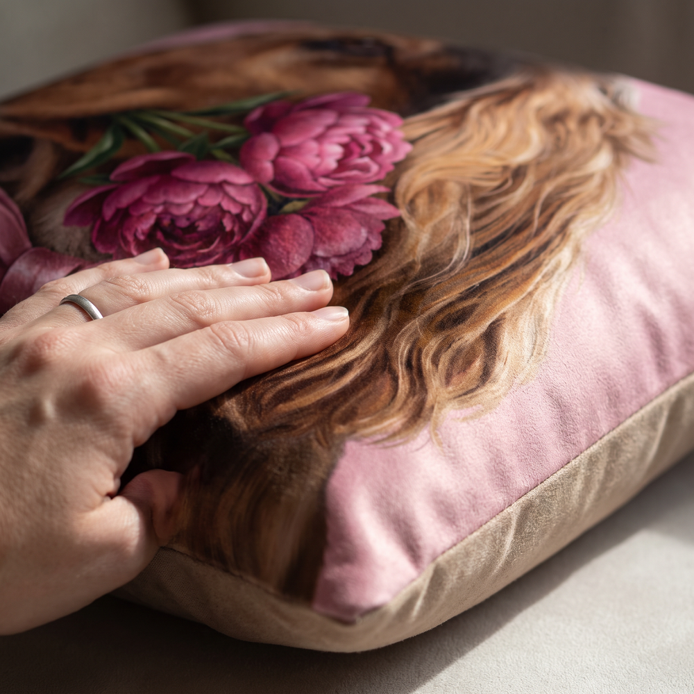 Close up of a hand on the soft-touch faux suede showing the Sweetheart print