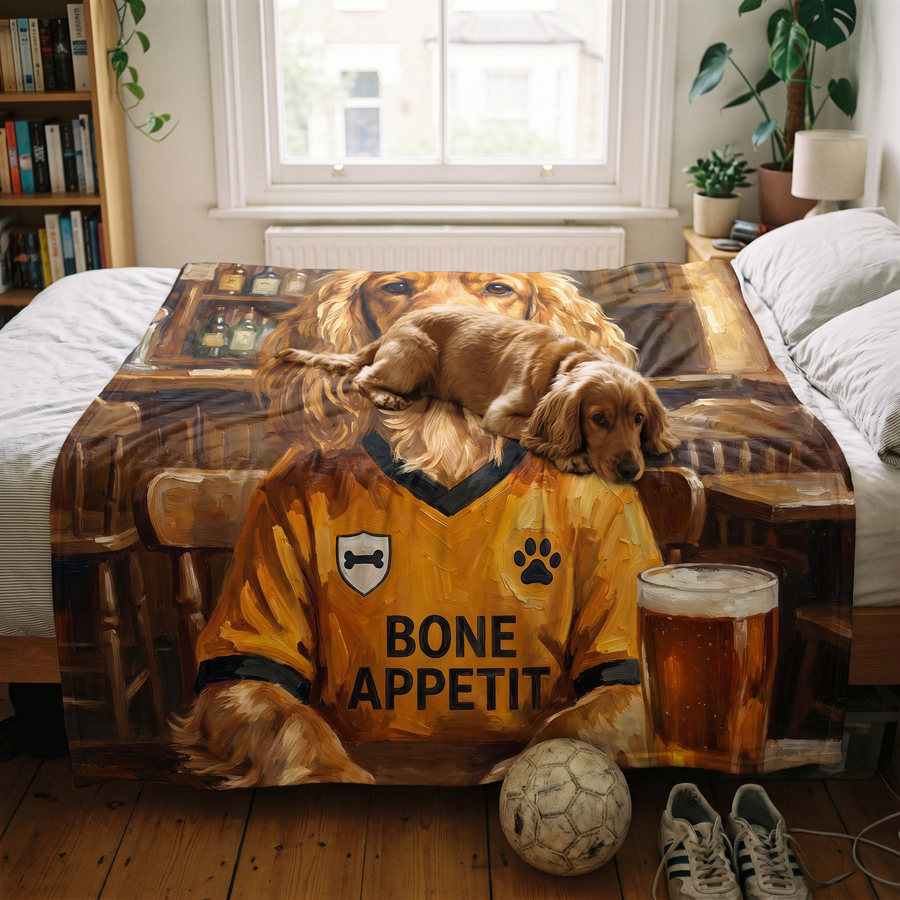 Woofverhampton Wanderers pet portrait fleece blanket in a cosy lifestyle setting