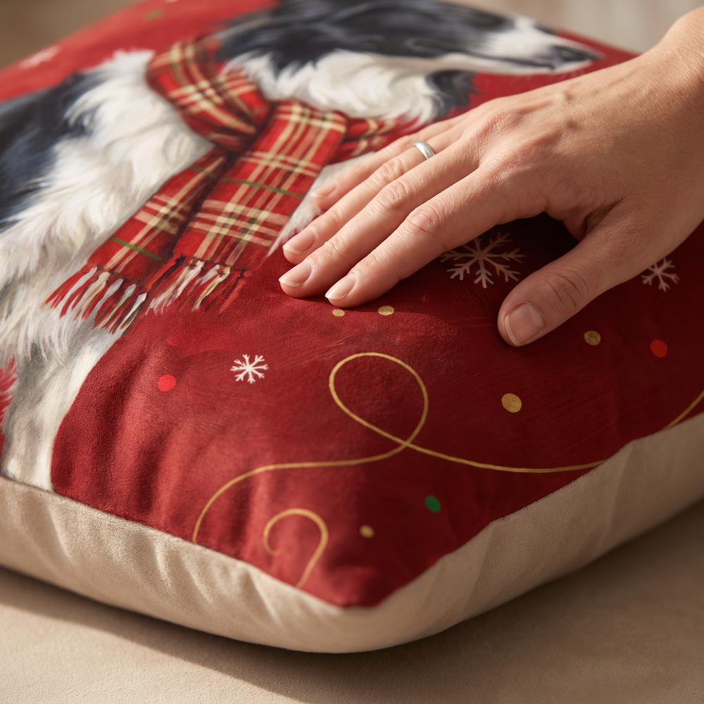 Close up of a hand on the soft-touch faux suede showing the Christmas Tartan Scarf print