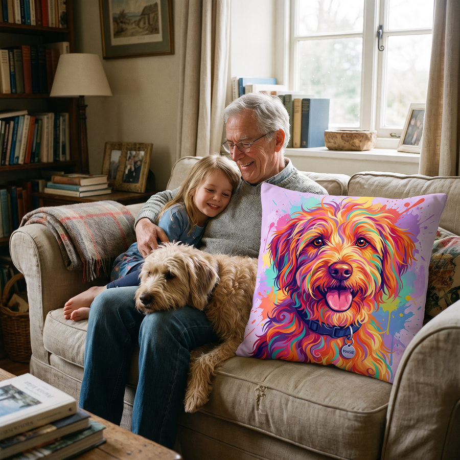 Paint Splash pet portrait cushion 45cm x 45cm in a family home with the real pet
