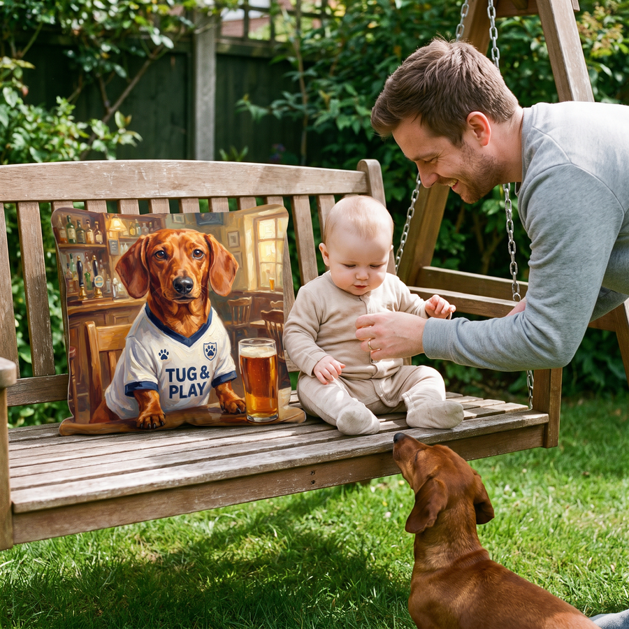 Pawtenham Hotspur pet portrait cushion 26cm x 26cm being enjoyed at home