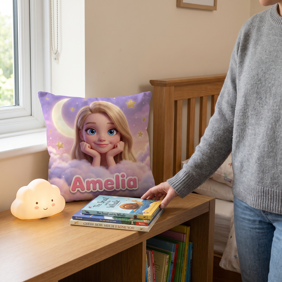Dreamy Clouds portrait cushion 26cm x 26cm being enjoyed at home