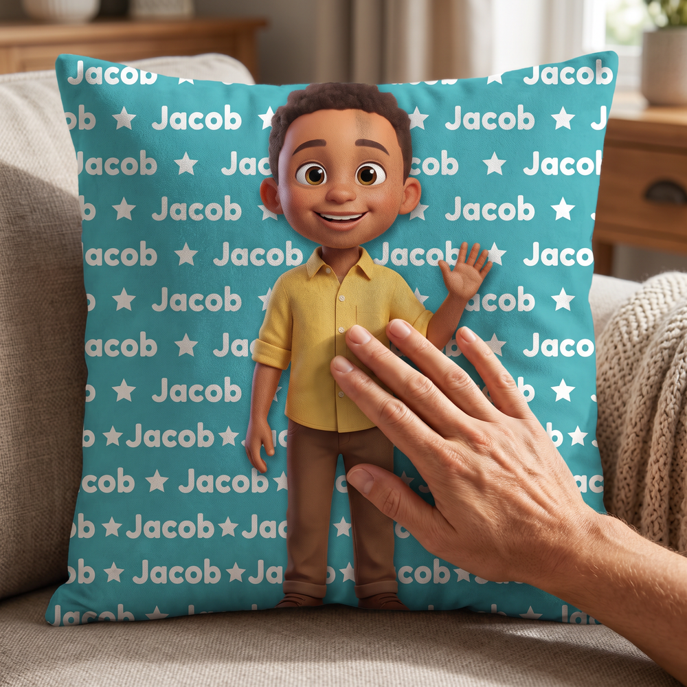 Close up of a hand on the soft-touch faux suede showing the Cartoon Name Pattern print