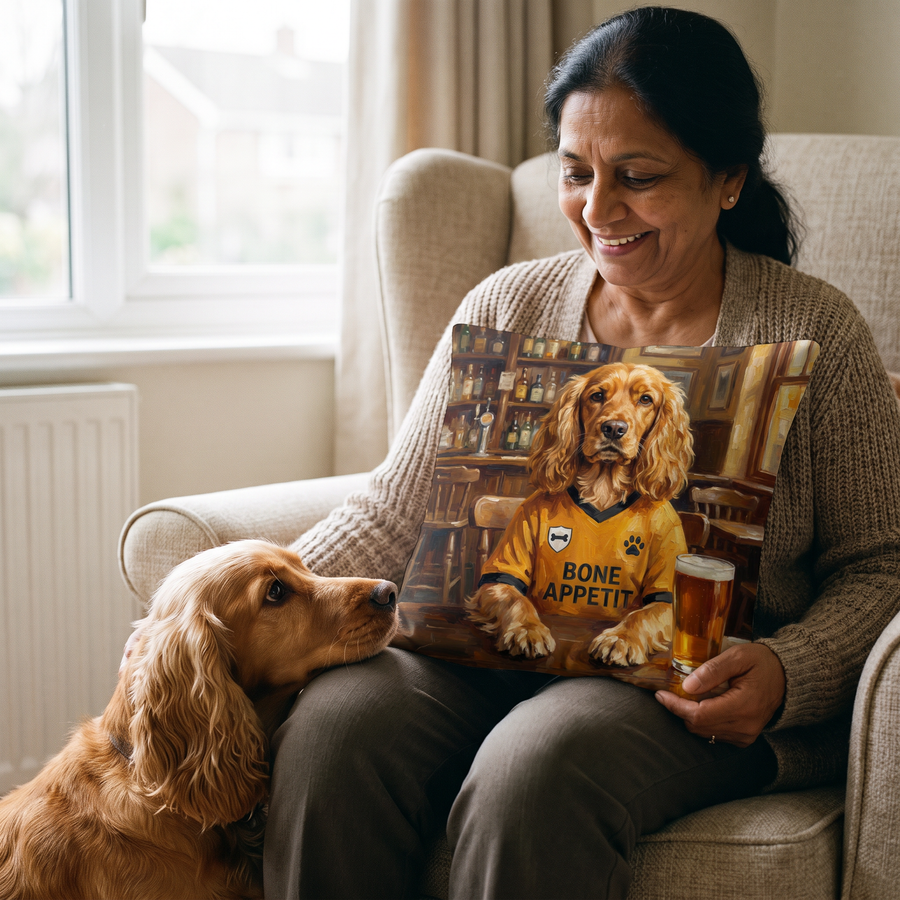 Woofverhampton Wanderers pet portrait cushion 26cm x 26cm being enjoyed at home