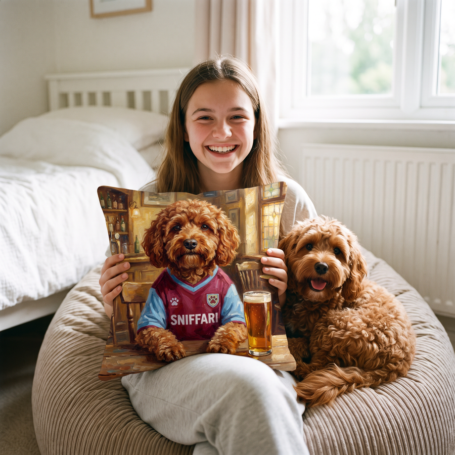 Pawston Villa pet portrait cushion 26cm x 26cm being enjoyed at home