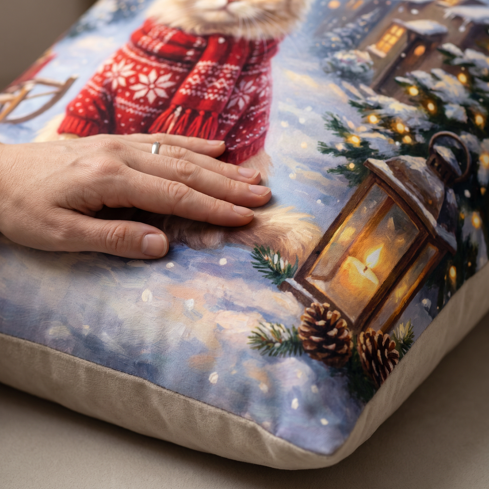 Close up of a hand on the soft-touch faux suede showing the Christmas Snowy Village print