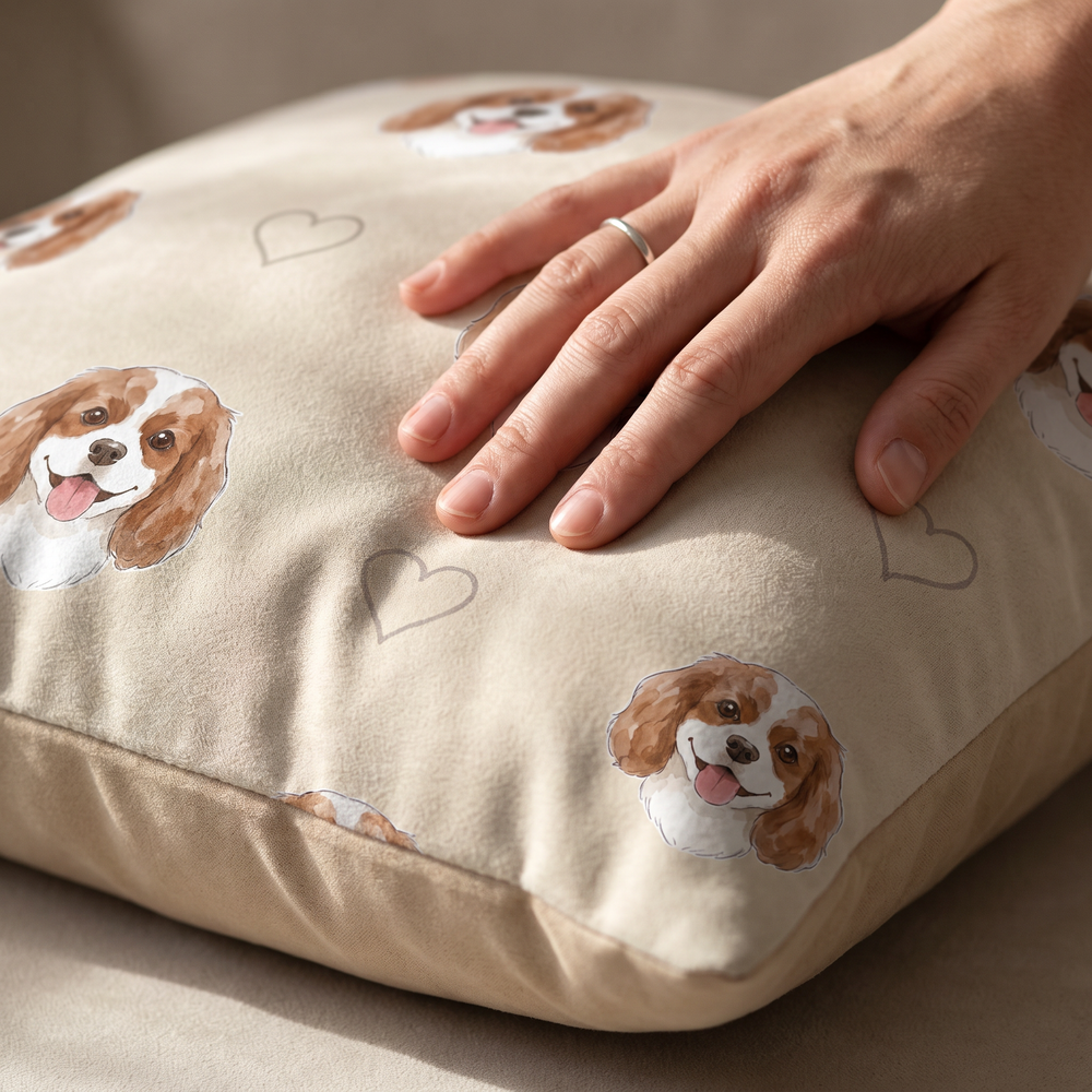 Close up of a hand on the soft-touch faux suede showing the Watercolour Pattern print