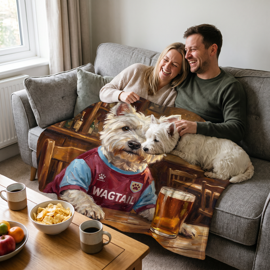 Westie Ham United pet portrait fleece blanket in a cosy lifestyle setting