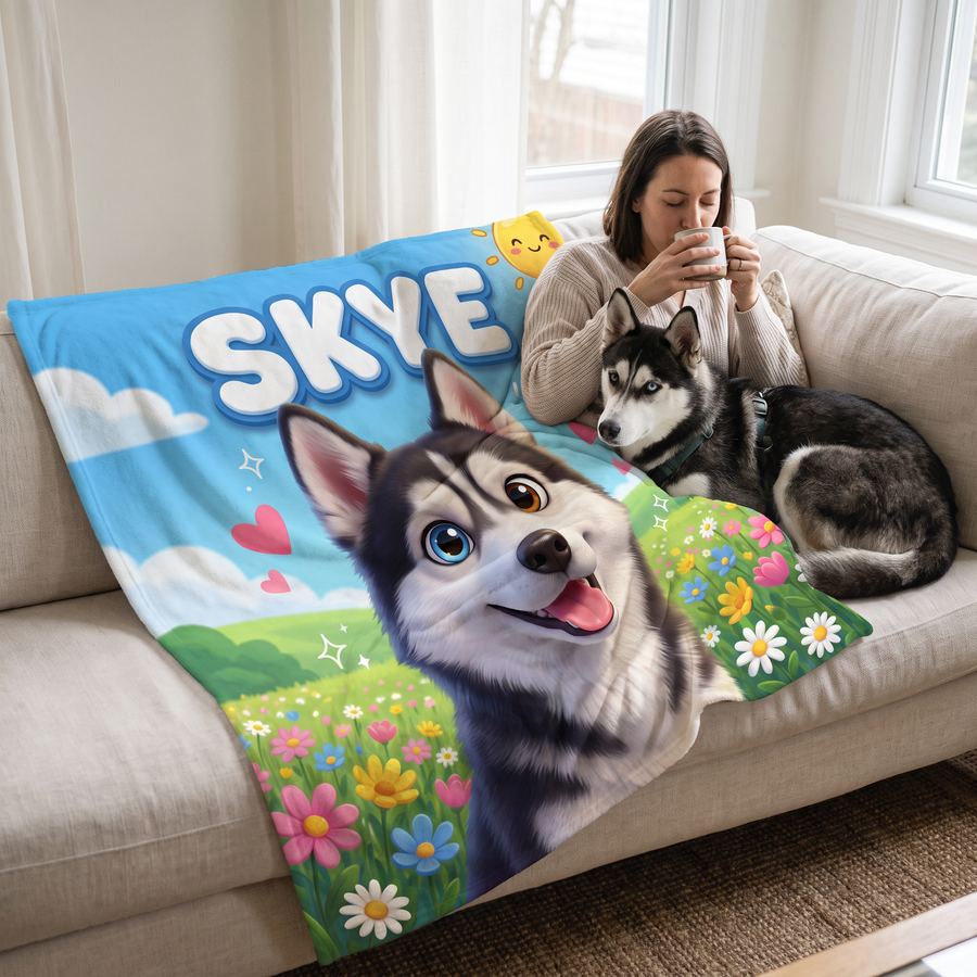 Meadow Cartoon pet portrait fleece blanket in a cosy lifestyle setting