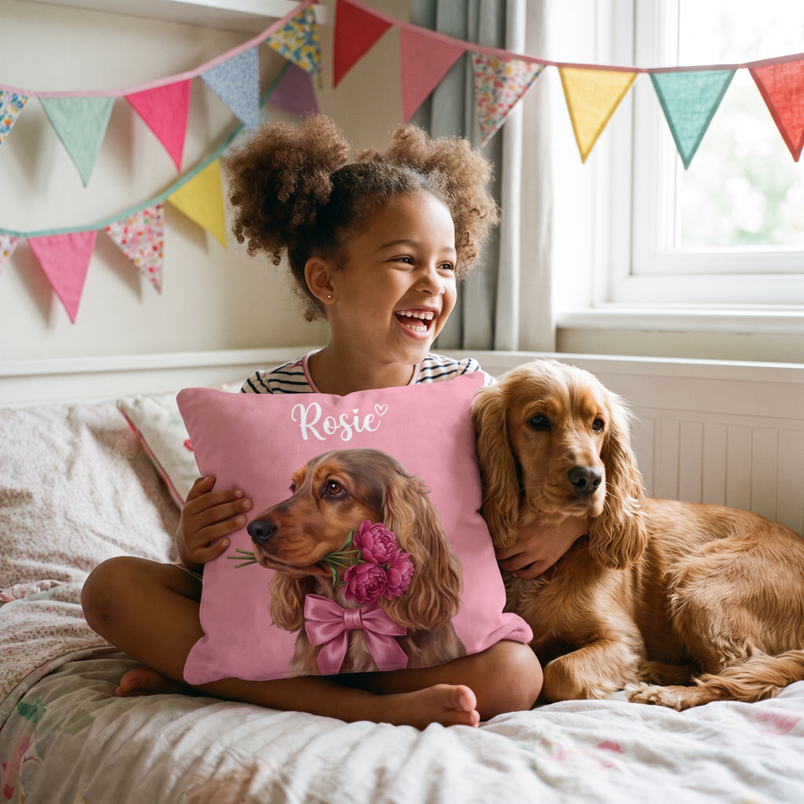 Sweetheart pet portrait cushion 26cm x 26cm being enjoyed at home