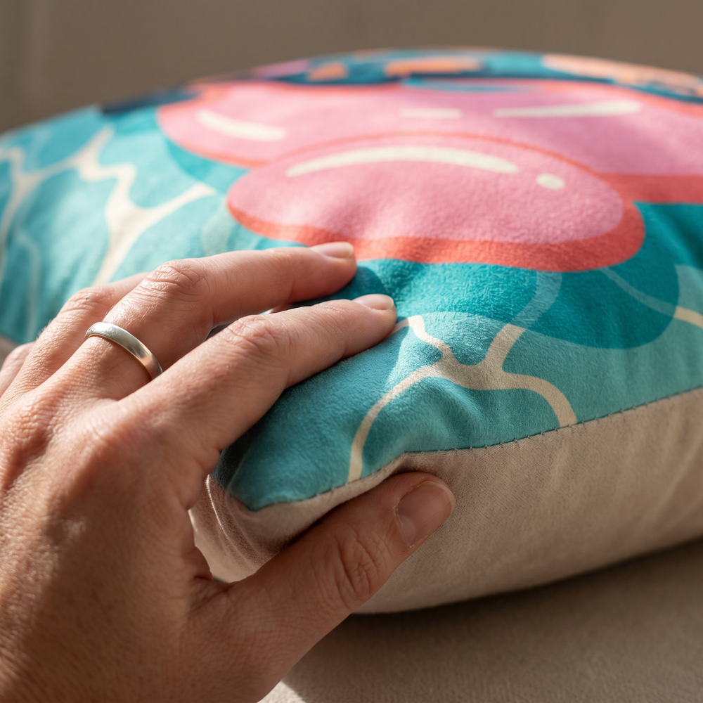 Close up of a hand on the soft-touch faux suede showing the Pool Club print