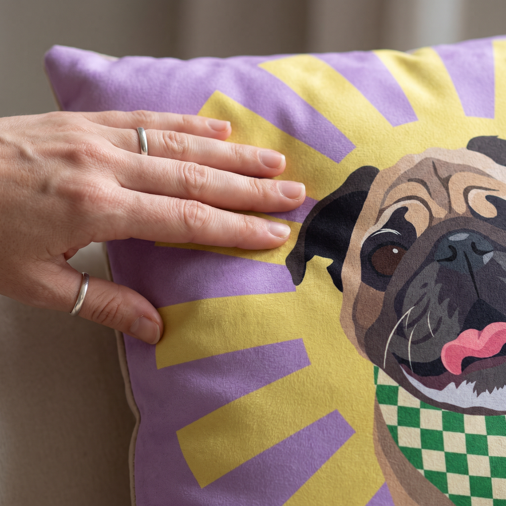 Close up of a hand on the soft-touch faux suede showing the Fancy Pups Pop Art print