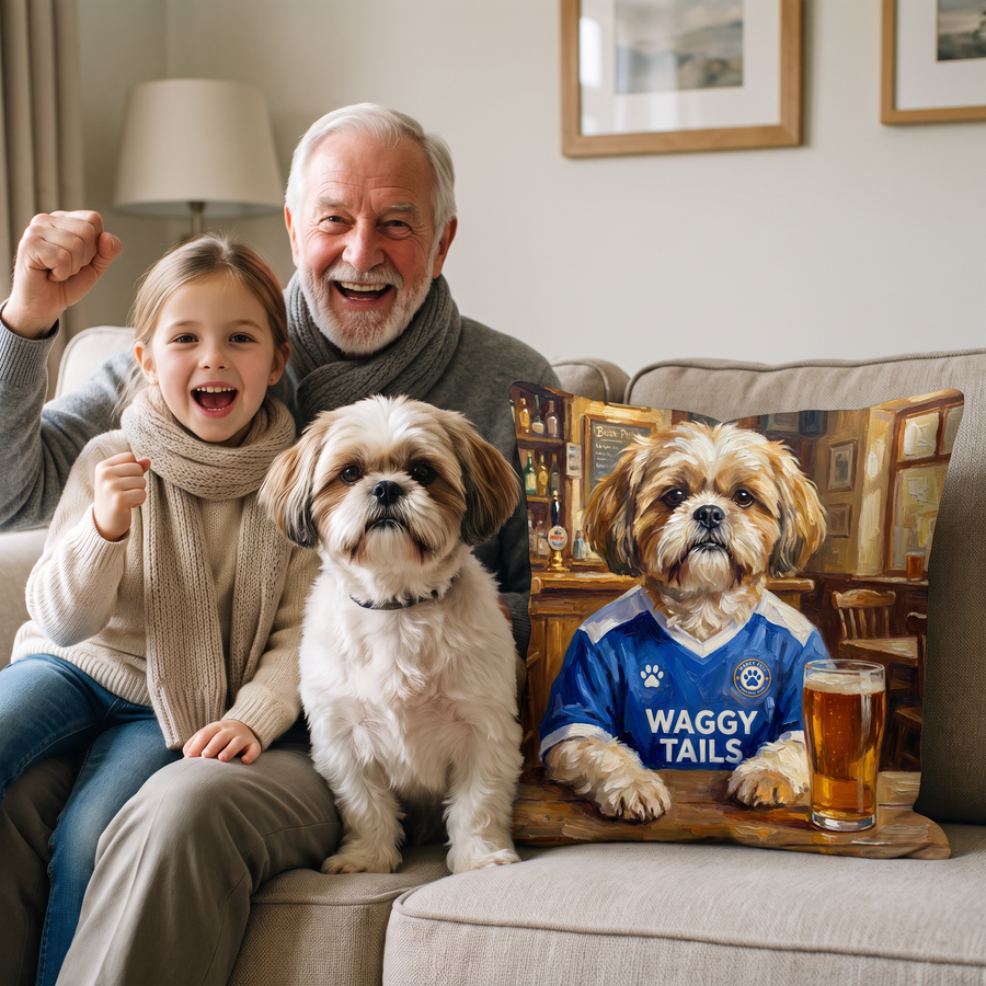 Birminghound City pet portrait cushion 45cm x 45cm in a family home with the real pet