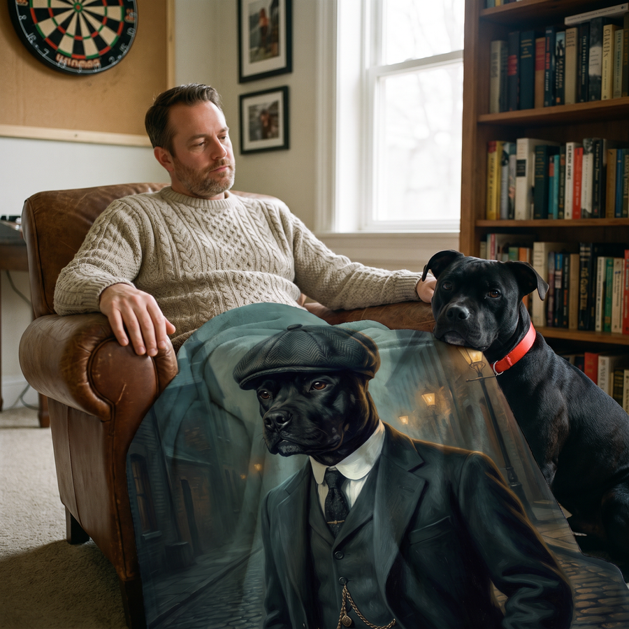 1920s Flat Cap pet portrait fleece blanket in a cosy lifestyle setting