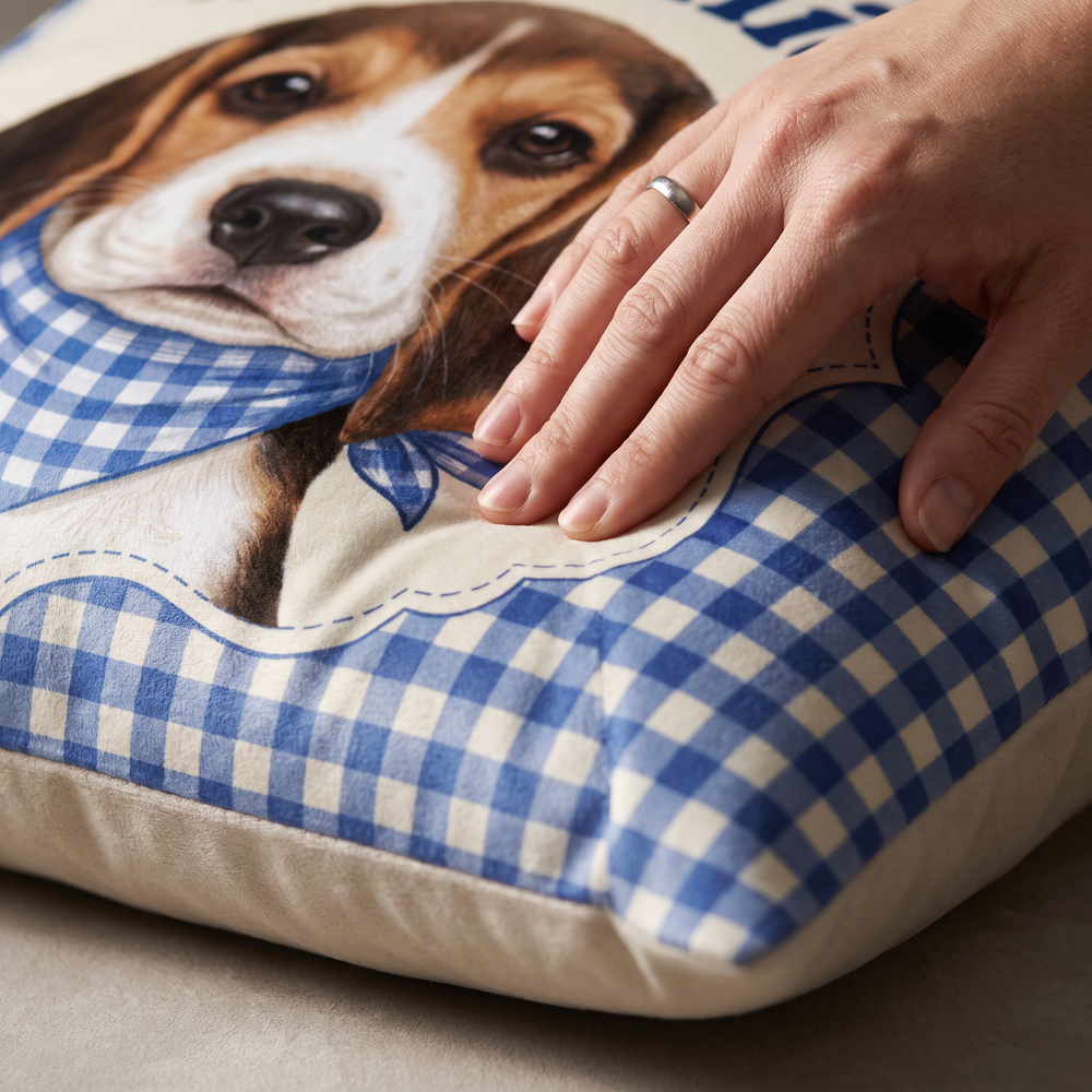 Close up of a hand on the soft-touch faux suede showing the Picnic Gingham print