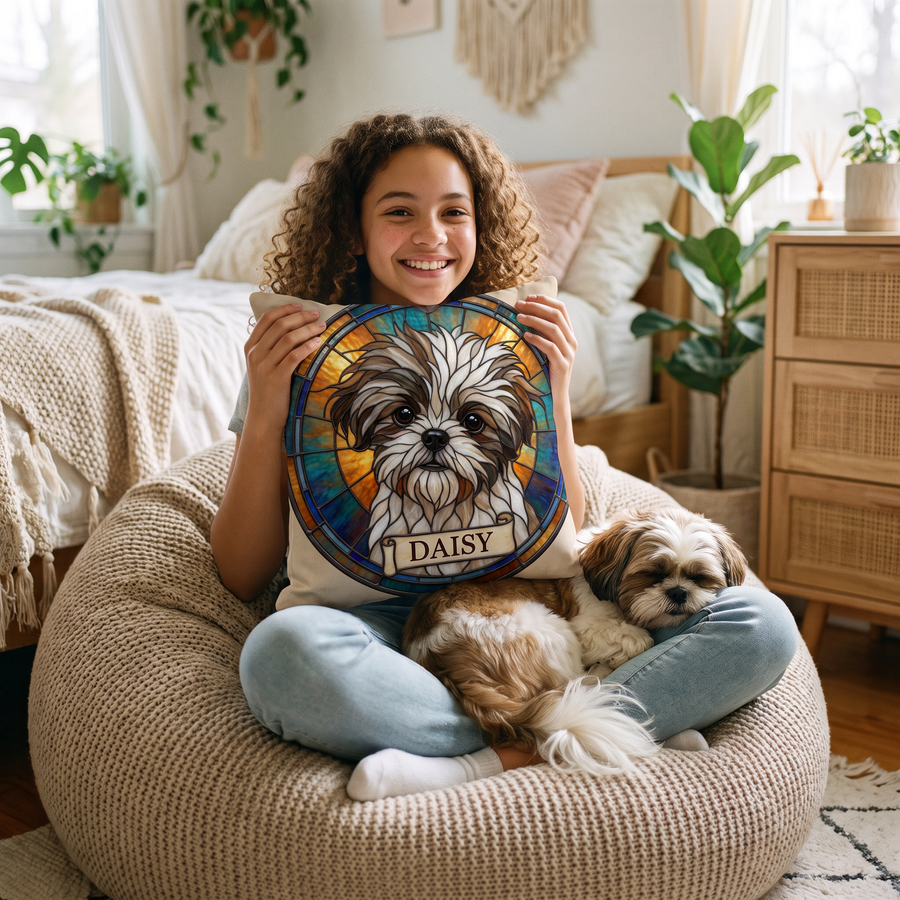 Stained Glass pet portrait cushion 26cm x 26cm being enjoyed at home