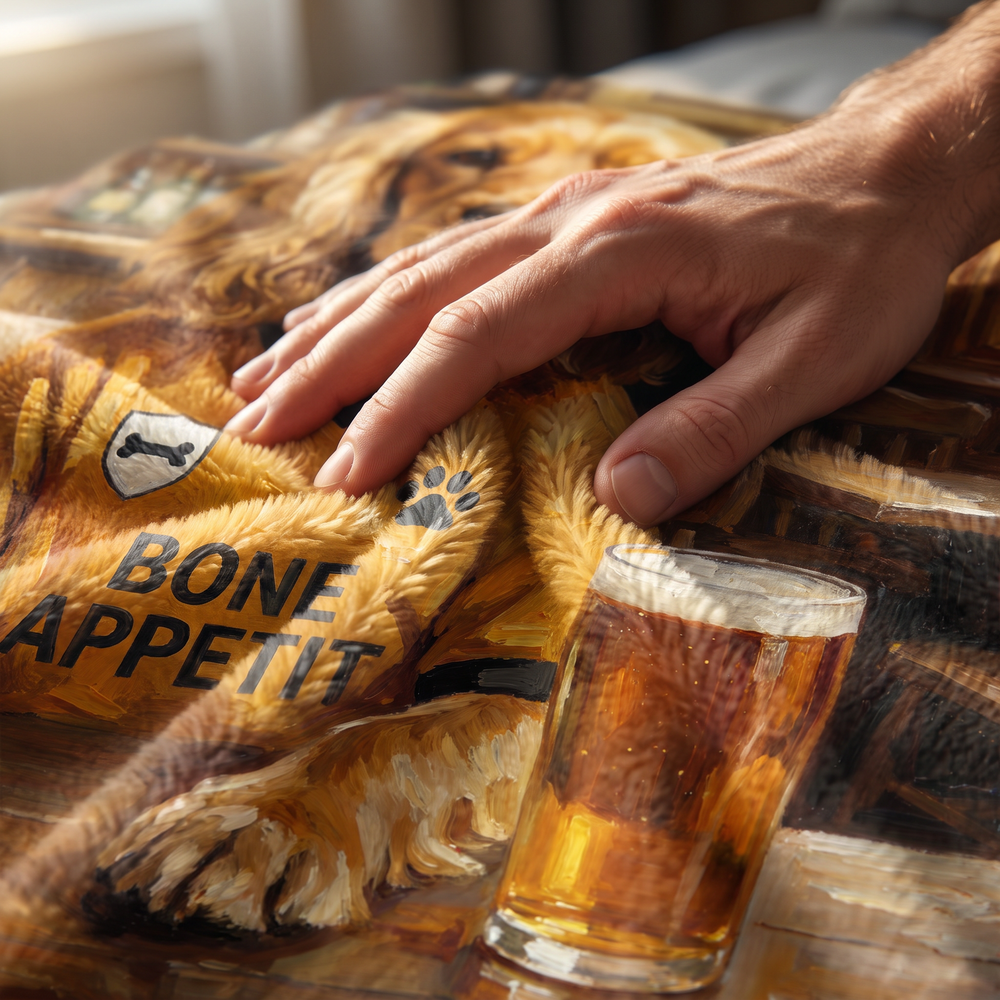 Close up of a hand on the ultra soft plush fleece showing the Woofverhampton Wanderers print