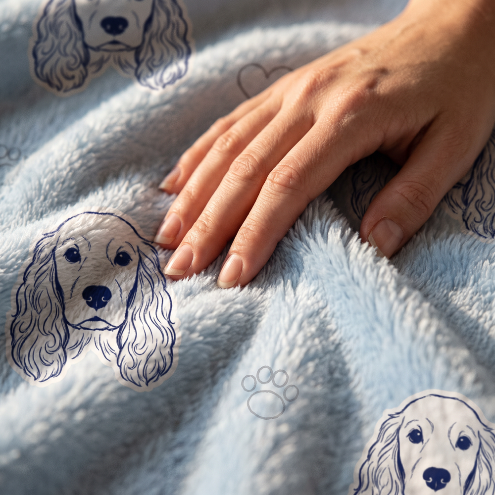 Close up of a hand on the ultra soft plush fleece showing the Sketch Line Pattern print