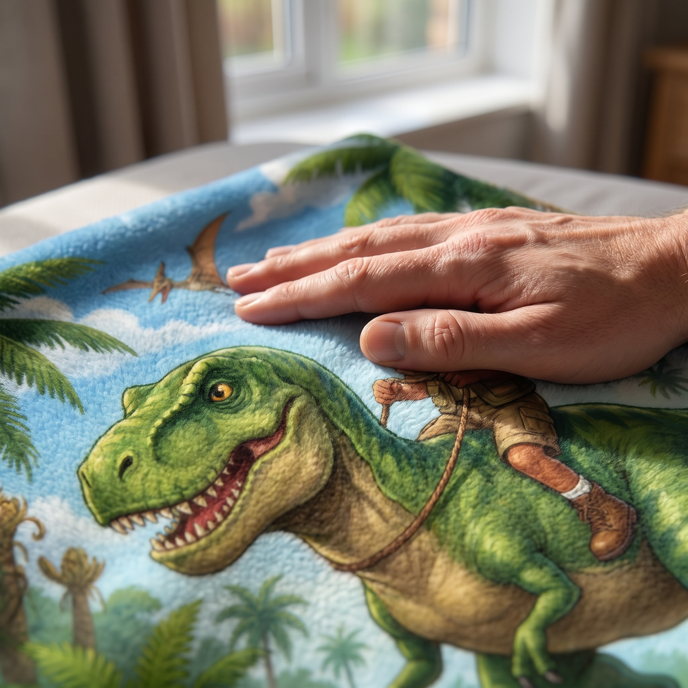 Close up of a hand on the ultra soft plush fleece showing the Dino Rider print