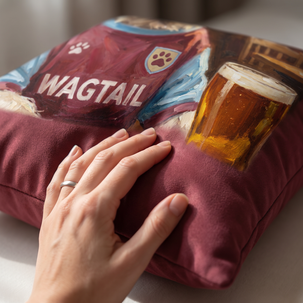 Close up of a hand on the soft-touch faux suede showing the Westie Ham United print