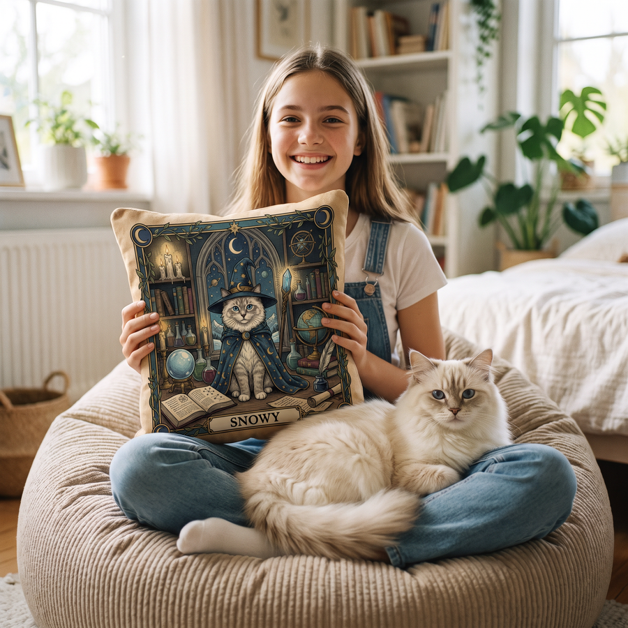 Tarot Card pet portrait cushion 26cm x 26cm being enjoyed at home