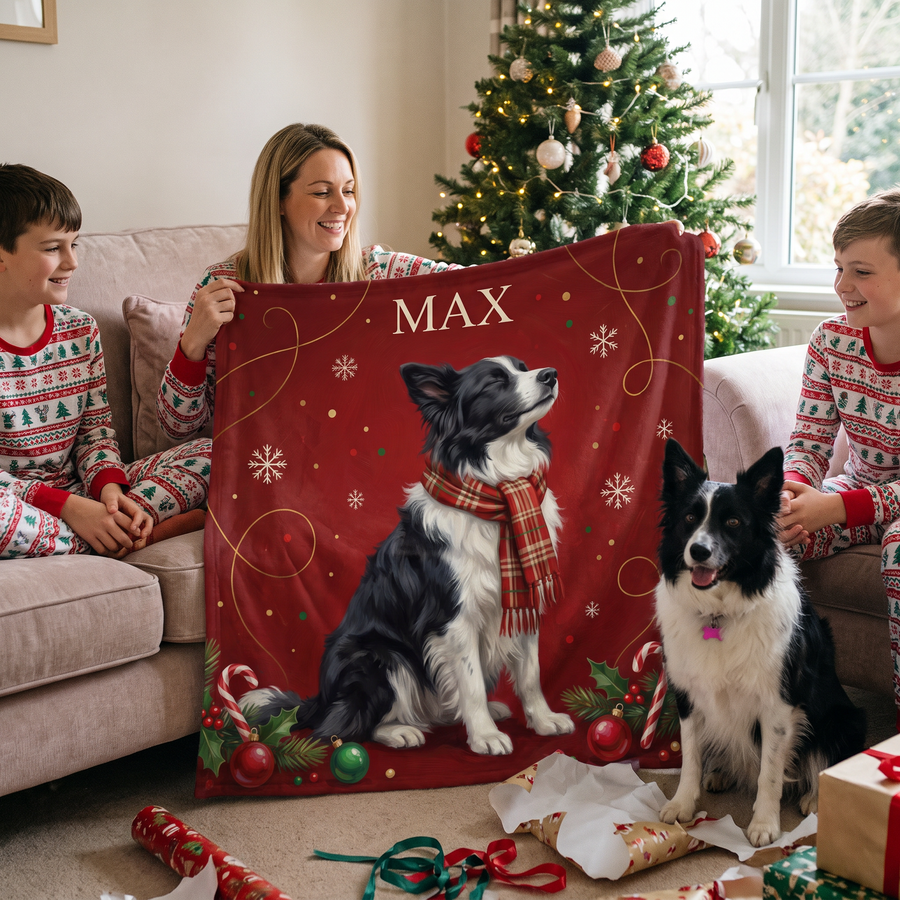 Christmas Tartan Scarf pet portrait fleece blanket in a cosy lifestyle setting