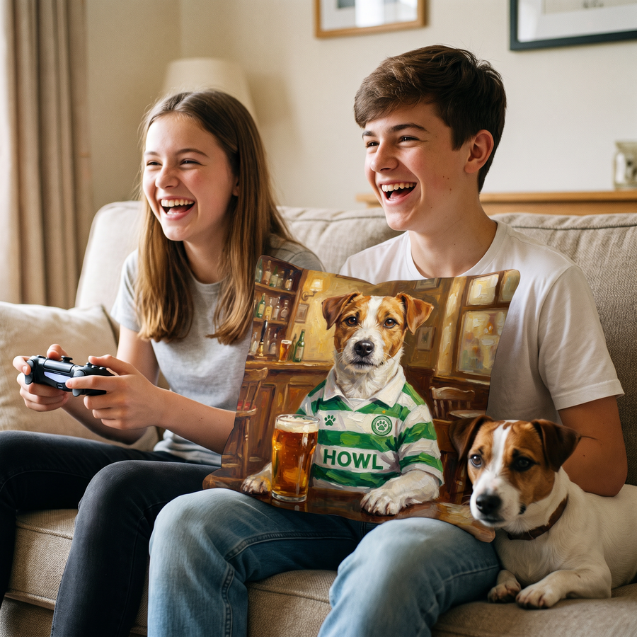 Celtick pet portrait cushion 45cm x 45cm in a family home with the real pet