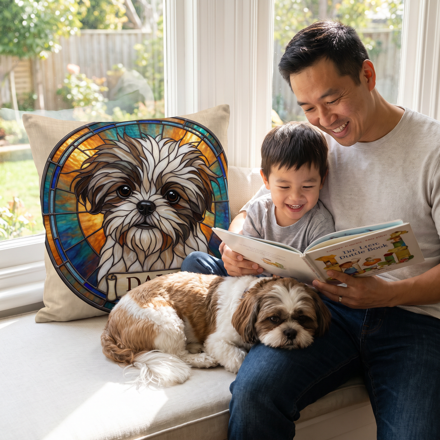 Stained Glass pet portrait cushion 45cm x 45cm in a family home with the real pet
