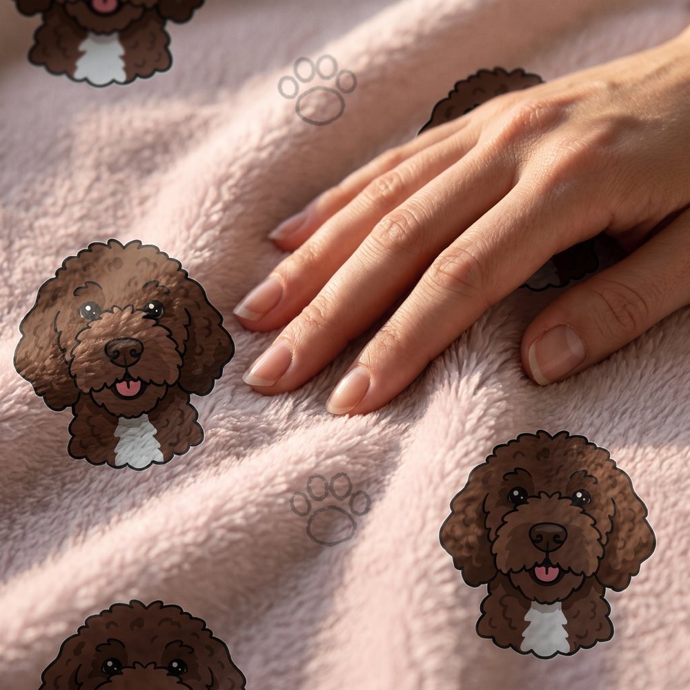 Close up of a hand on the ultra soft plush fleece showing the Doodle Pattern print