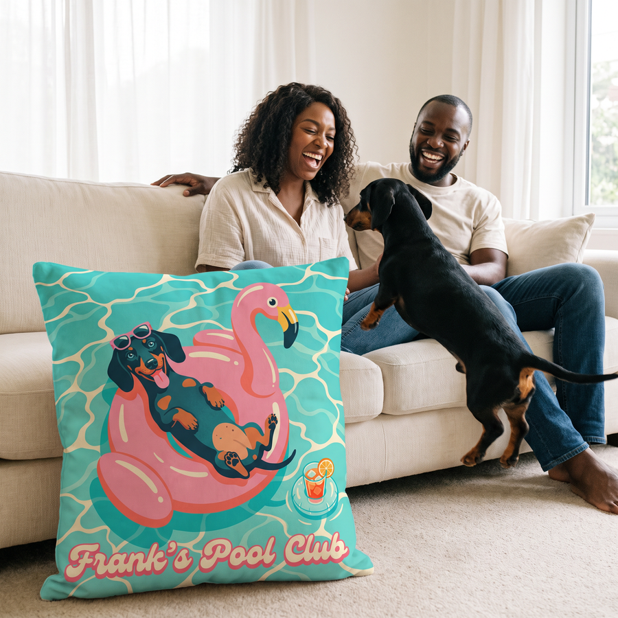 Pool Club pet portrait cushion 45cm x 45cm in a family home with the real pet