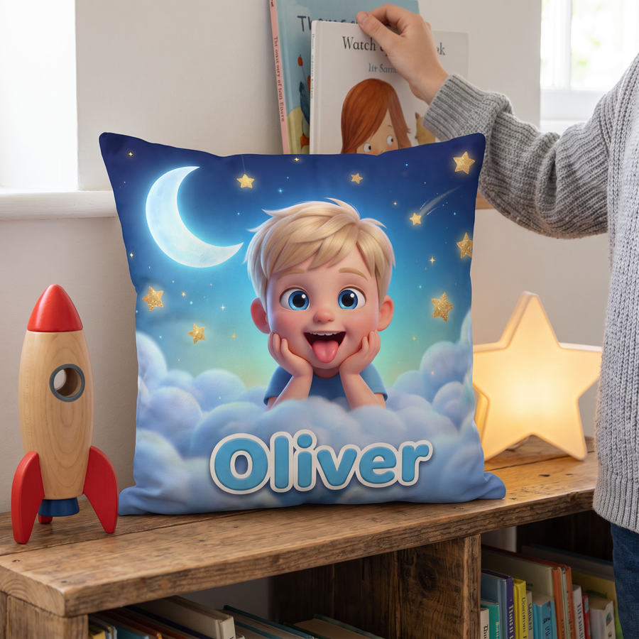 Dreamy Clouds Blue portrait cushion 26cm x 26cm being enjoyed at home