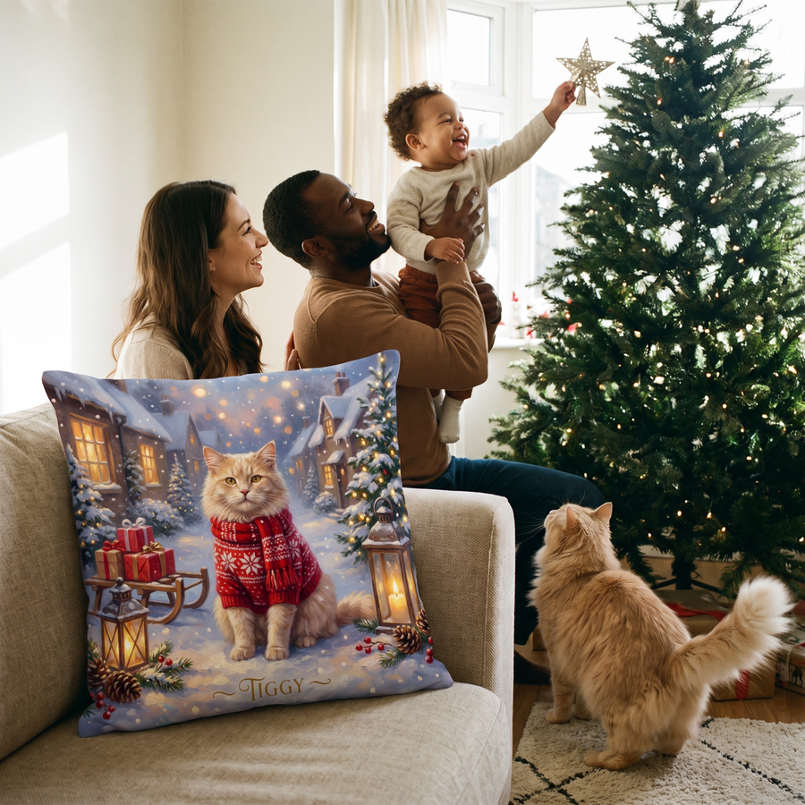 Christmas Snowy Village pet portrait cushion 45cm x 45cm in a family home with the real pet