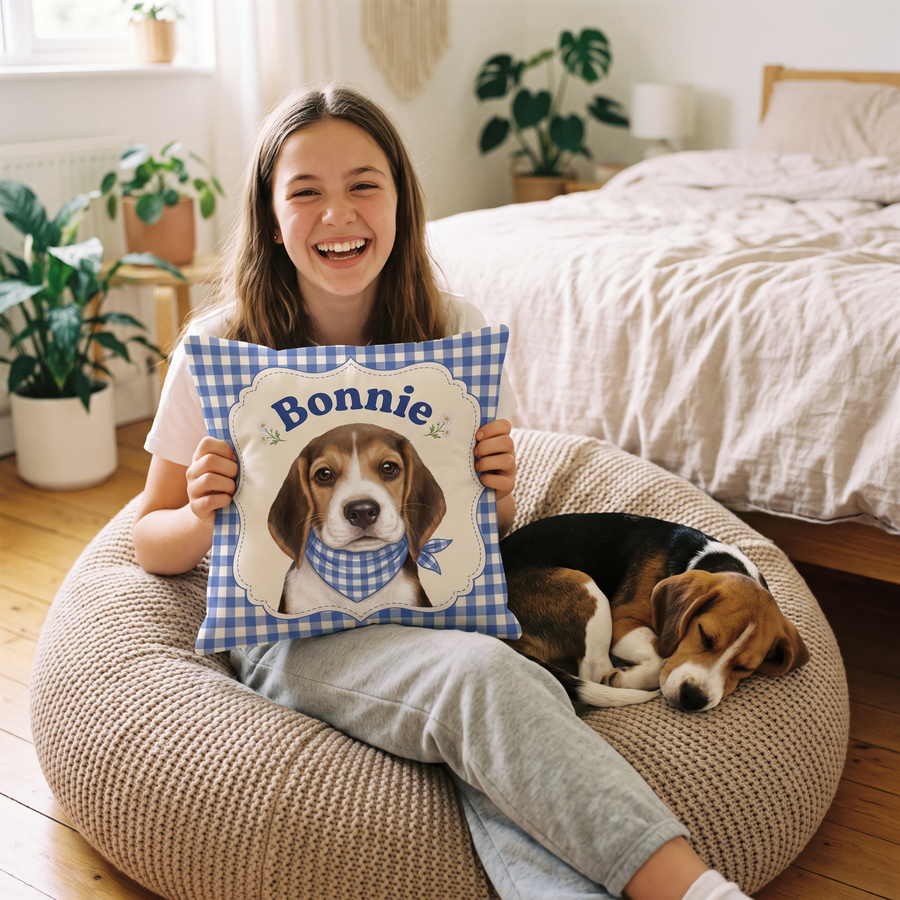 Picnic Gingham pet portrait cushion 26cm x 26cm being enjoyed at home
