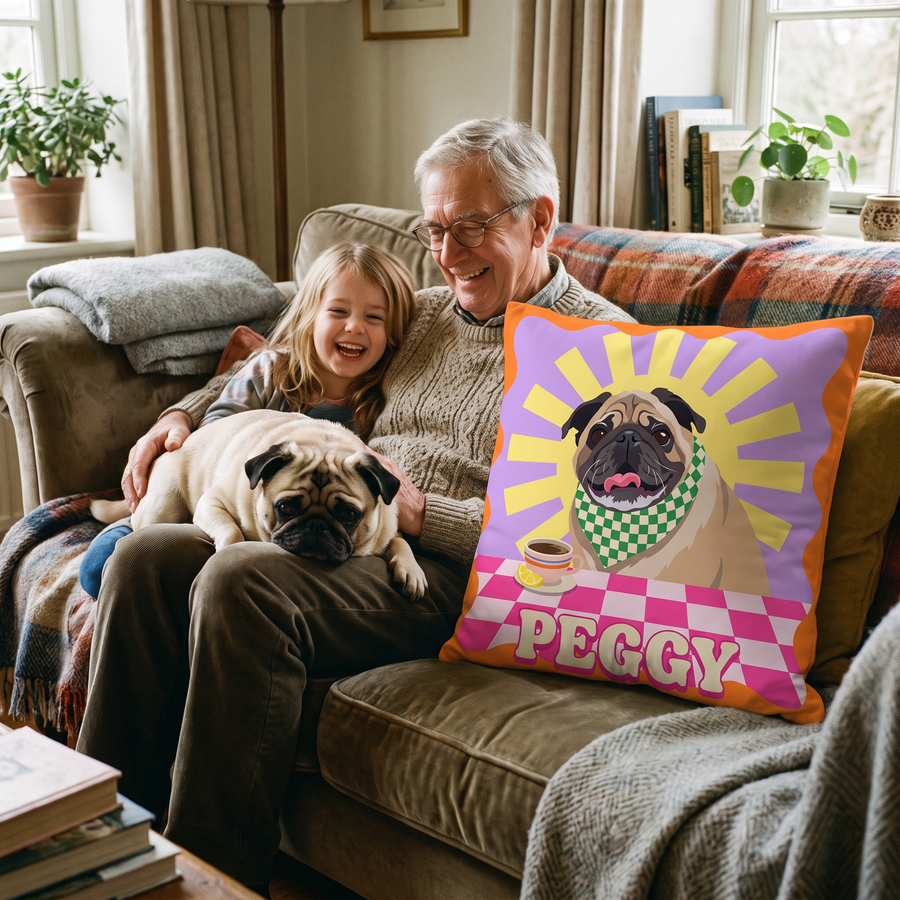 Fancy Pups Pop Art pet portrait cushion 45cm x 45cm in a family home with the real pet