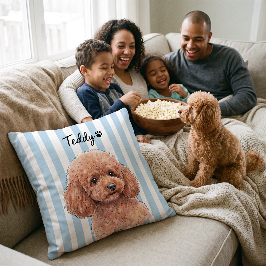 Striped pet portrait cushion 45cm x 45cm in a family home with the real pet