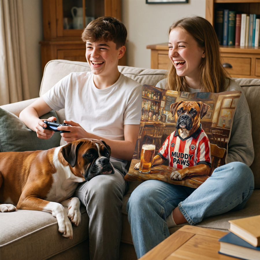 Sniffderland pet portrait cushion 45cm x 45cm in a family home with the real pet