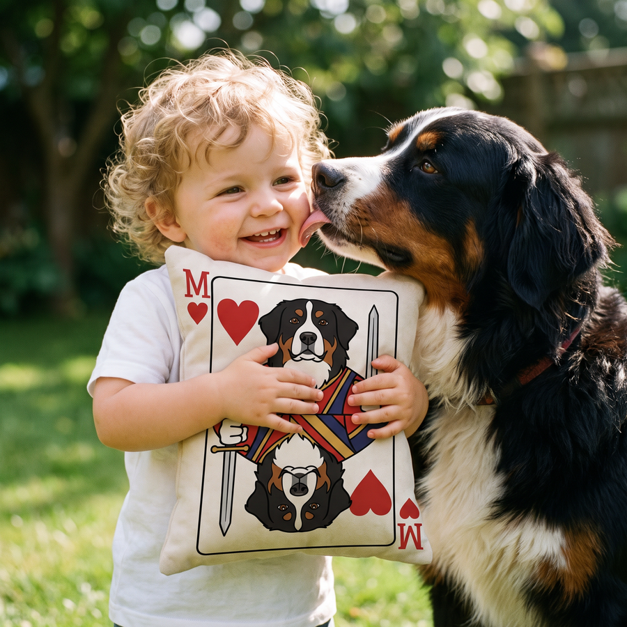 Playing Card pet portrait cushion 26cm x 26cm being enjoyed at home