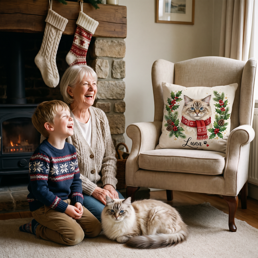 Christmas Holly Wreath pet portrait cushion 45cm x 45cm in a family home with the real pet