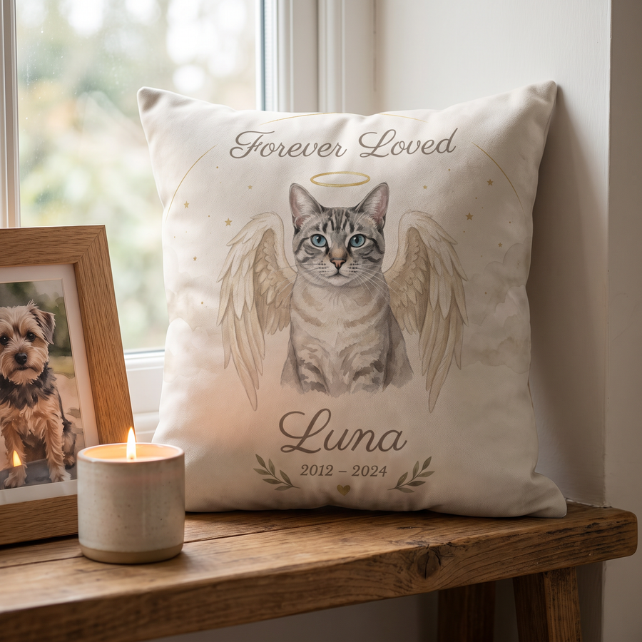 Angel Wings Memorial portrait cushion 26cm x 26cm being enjoyed at home
