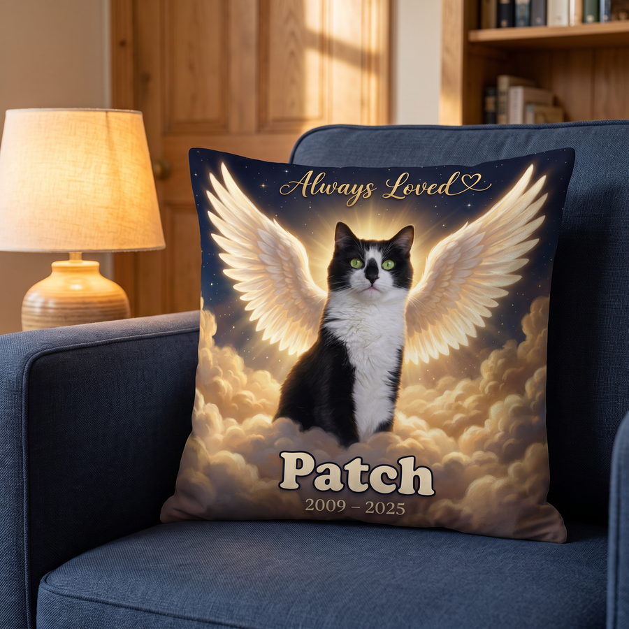 Heavenly Clouds Memorial portrait cushion 45cm x 45cm in a family home