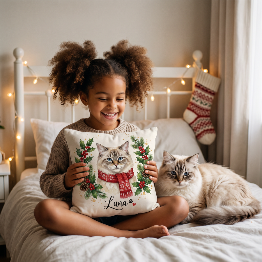 Christmas Holly Wreath pet portrait cushion 26cm x 26cm being enjoyed at home