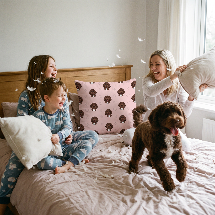 Doodle Pattern pet portrait cushion 45cm x 45cm in a family home with the real pet