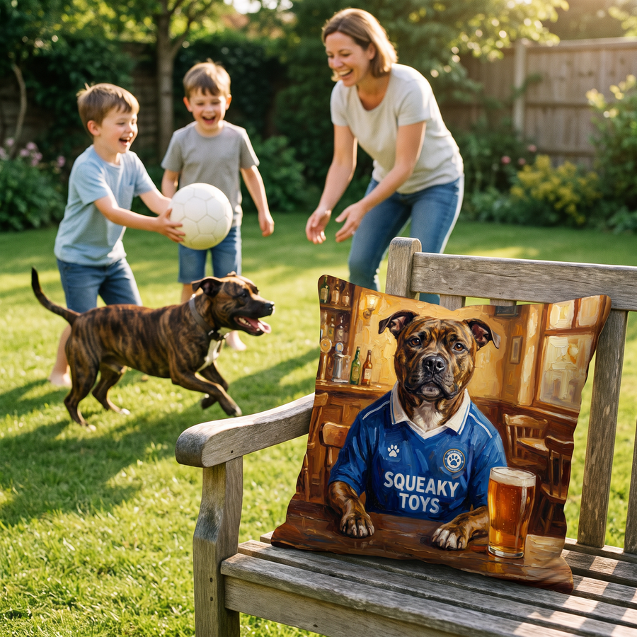 Chewsea pet portrait cushion 45cm x 45cm in a family home with the real pet